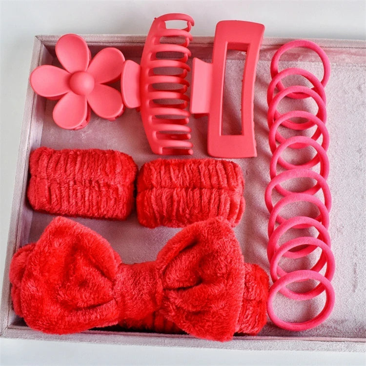 Wholesale 16pcs/set Spa Washing Face Makeup Washband Fluffy Wristband Bow Headbands Flower Hair Claw Women Hair Accessories Set-8