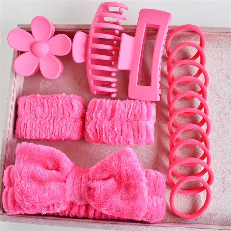 Wholesale 16pcs/set Spa Washing Face Makeup Washband Fluffy Wristband Bow Headbands Flower Hair Claw Women Hair Accessories Set-7