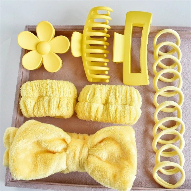 Wholesale 16pcs/set Spa Washing Face Makeup Washband Fluffy Wristband Bow Headbands Flower Hair Claw Women Hair Accessories Set-11