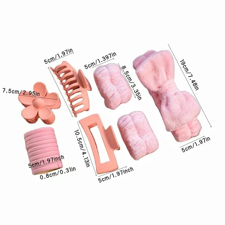 Wholesale 16pcs/set Spa Washing Face Makeup Washband Fluffy Wristband Bow Headbands Flower Hair Claw Women Hair Accessories Set-1