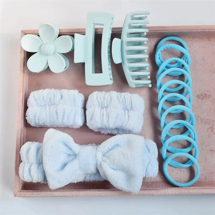 Wholesale 16pcs/set Spa Washing Face Makeup Washband Fluffy Wristband Bow Headbands Flower Hair Claw Women Hair Accessories Set-9