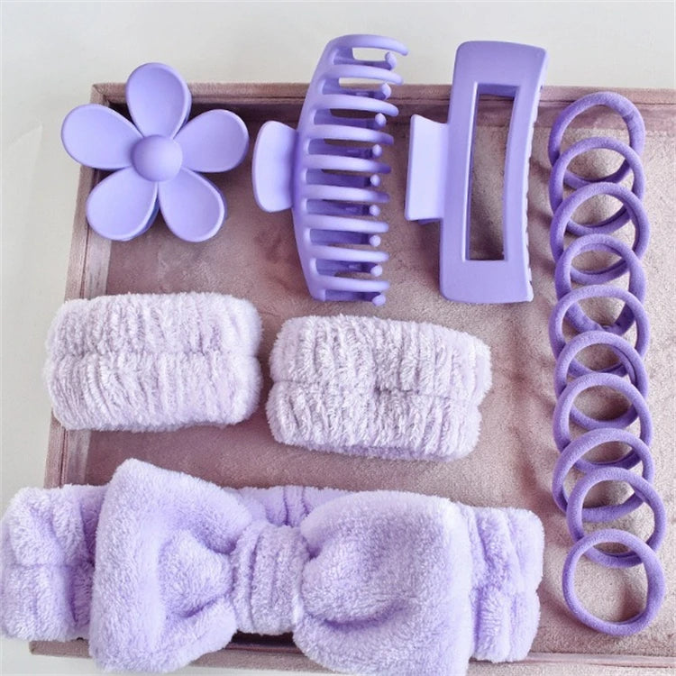 Wholesale 16pcs/set Spa Washing Face Makeup Washband Fluffy Wristband Bow Headbands Flower Hair Claw Women Hair Accessories Set-6