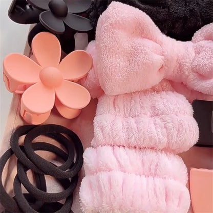 Wholesale 16pcs/set Spa Washing Face Makeup Washband Fluffy Wristband Bow Headbands Flower Hair Claw Women Hair Accessories Set-3