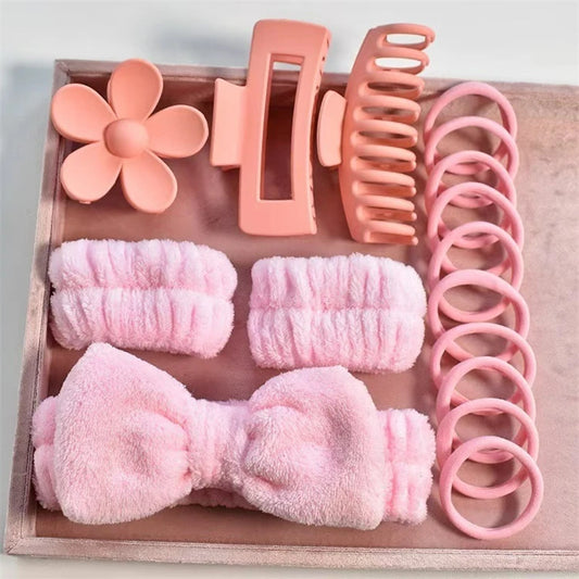 Wholesale 16pcs/set Spa Washing Face Makeup Washband Fluffy Wristband Bow Headbands Flower Hair Claw Women Hair Accessories Set-10
