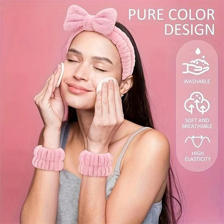 Wholesale 16pcs/set Spa Washing Face Makeup Washband Fluffy Wristband Bow Headbands Flower Hair Claw Women Hair Accessories Set-2